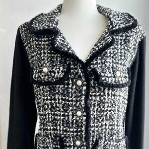 Peruzzi Black & White Bouclé Tweed Knit Jacket w/ Pockets & Pearl Buttons EU XL